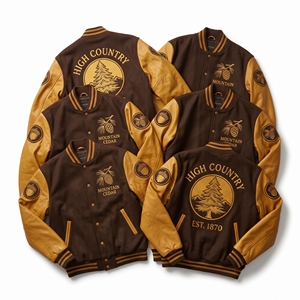 เสื้อแจ็คเก็ต Letterman แบบขายส่ง สีเบอร์กันดี ทำจากผ้าขนสัตว์ แต่งลายปัก Global Navigation Bloom & Grow Rose Trellis สีชมพูอมเทา พร้อมหนังสีชมพูอ่อน - Product Image 2