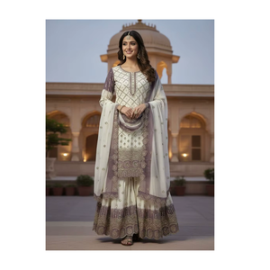 Ensemble Kurta Palazzo de créateur en tissu Georgette Star avec broderie lourde de sequins, tenue traditionnelle pour fêtes, mariages et occasions festives - Product Image 1