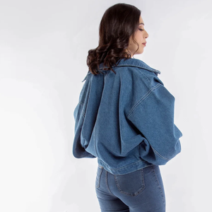 Veste en jean pour femme avec manches bouffantes, col rabattu, fermeture boutonnée, style décontracté d'automne, longueur courte, couleur unie, manches longues - Product Image 2
