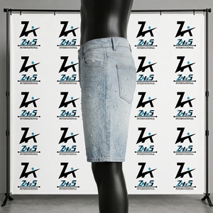 Custom Rhinestone <b>Light</b> Wash Denim Jorts Streetwear Vintage Distressed Jean Shorts Loose Fit Embellished Summer Denim Shorts - Product Image 3