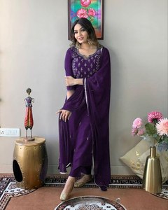 Conjunto de Kurta y Pantalón de Mezcla de Algodón Premium para Mujer con Dupatta de Seda |   Ropa Étnica India Completamente Cosida |   Listo para Usar - Product Image 3
