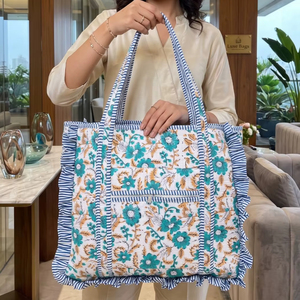 Elegante Bolso Tote Acolchado de Algodón para Mujer con Estampado de Bloques y Cremallera para Viajes y Uso Diario - Product Image 2