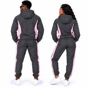 Unisex <b>Tracksuit</b> <b>Set</b> Black <b>Pink</b> Color Block Hooded Zipper Sporty Style Adult Autumn Wear casual sports lightweight <b>tracksuit</b> - Product Image 2