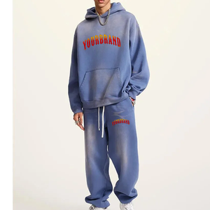 Oversized Embroidered Front Sweat Suit Thick French Terry Pullover Hoodie and Sweatpants <b>Set</b> Sunfade Washed Streetwear for Men - Product Image 1
