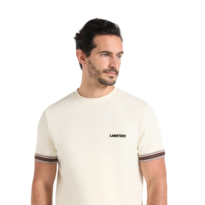 T-shirt homme col rond manches courtes, poignets à double rayure, petit imprimé poitrine, coupe classique, vente en gros, personnalisable OEM, en jersey de coton - Product Image 3