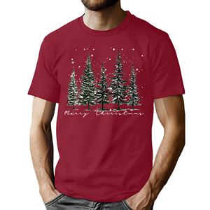 <b>Men's</b> Burgundy Regular Sleeve O-Neck <b>T</b>-<b>Shirt</b> Merry <b>Christmas</b> Pine Trees Print Casual Top Premium Custom Logo Front Heat-Transfer - Product Image 2