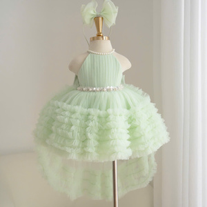 Robe de soirée en tulle perlée à col licou pour filles, modèle 2-en-1 avec traîne à volants détachable, jupe superposée élégante, vente en gros - Product Image 6