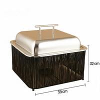 Plat de service carré de luxe style bohème avec support de buffet en corde tressée noire, chauffe-plat en acier inoxydable, unité individuelle