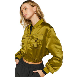 Blouson bomber en satin vert olive, manches longues, fermeture éclair, col rabattu, couleur unie, vêtement d'automne pour femme, longueur courte - Product Image 4