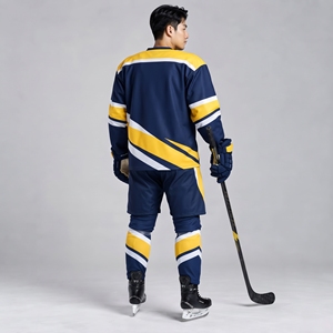Uniforme de hockey sur glace personnalisé pour adultes, vêtements de sport respirants imprimés par sublimation bleu marine et jaune pour hommes, service OEM - Product Image 6