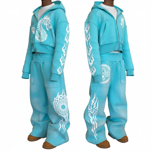 Ensemble de survêtement unisexe à capuche imprimé dragon turquoise, coupe ample avec fermeture éclair intégrale, style streetwear oversize avec poches latérales - Product Image 1