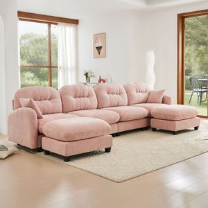 Divano Componibile a U in Morbido Tessuto Chenille con Pouf, Schiuma ad Alta Densità, Design Ergonomico EL per Soggiorno - Product Image 2