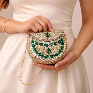 UnfoldSelf Luxury Green Stone Embellished <b>Gold</b> Clutch Bag | Designer Mirror Work Bridal Handbag with Chain Strap only for Women - Product Image 3