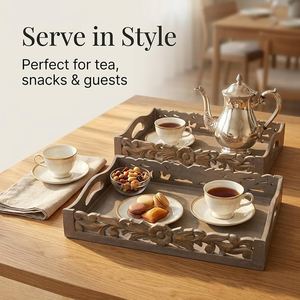 Wood Serving Tray Rectangle 16.5x11.8 Inch Handmade Retro Design With Handles - Product Image 5