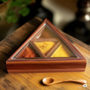 Boîte à épices en bois artisanale de qualité supérieure avec cuillère en bois |    Boîte à épices triangulaire en bois, organisateur rustique pour masala, provenant d'Inde - Product Image 1