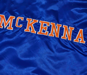 Men's Royal Blue Satin Bomber <b>Jacket</b> with Orange NY Embroidery Crew Neck Eco-Friendly 100% Polyester Winter - Product Image 3
