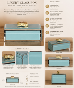 Light <b>Blue</b> Glass Jewelry Storage Box with Natural Stone Accent Gold Detail Beveled Edges and Soft Finish - Product Image 5