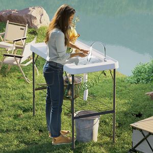 Tavolo Pieghevole Portatile Bianco per Pulizia Pesci con Lavello, Rubinetto, Tubo di Scarico, Spruzzatore e Ripiano per Campeggio - Product Image 1