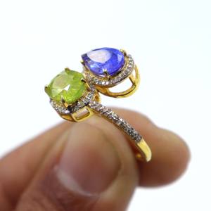 Anillo de Plata de Ley 925 Chapado en Oro con Zafiro Verde Natural y Tanzanita, Anillo con Diamantes y Piedras Preciosas, Regalo - Product Image 5