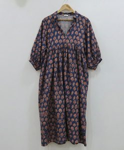 Robe mi-longue trapèze pour femme, 100 % coton, faite main, tissée, à motif floral dessiné à la main, col en V, manches bouffantes, taille naturelle, style traditionnel indien, formelle - Product Image 6