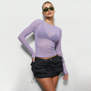 Camiseta de malla de manga larga, sexy y ajustada, estilo club, para primavera/verano, 100% algodón, transparente, para mujer. - Product Image 1