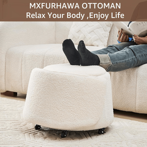 Pouf Contenitore Rotondo in Velluto Teddy Bianco con Ruote, Poggiapiedi Comodo per Toeletta e Ingresso, Arredo per la Casa - Product Image 6