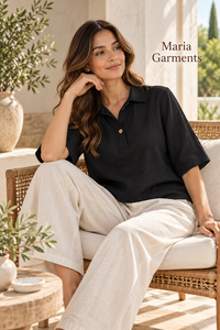 Women 100% <b>Linen</b> Cotton Collared Blouse Three Quarter Sleeve Casual Loose Fit Solid Woven Summer <b>Top</b> 2 Piece Long Set Wholesale - Product Image 3