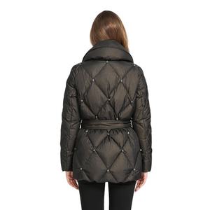 Black Quilted Puffer <b>Jacket</b> Turn-down Collar Button Closure Windproof Winter Coat Regular Fit Unisex Casual Style - Product Image 4