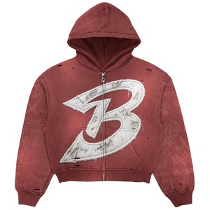 เสื้อฮู้ดโอเวอร์ไซส์แบบซิปสำหรับผู้ชาย สีแดง ปักตัวอักษร B โลโก้ สตรีทแวร์ ผ้าถัก คอตตอน เสื้อกันหนาวมีฮู้ด สไตล์ฤดูหนาว - Product Image 1