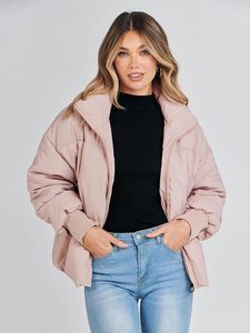 Pink Quilted <b>Jacket</b> Women Stand Collar Full <b>Sleeve</b> Zipper Closure Thick Solid Color Autumn Casual <b>Short</b> Coat - Product Image 1