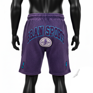 Shorts homme en molleton de coton premium 340 GSM, délavé à l'acide, violet, avec broderie multi-patch et logo. - Product Image 2