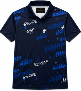 FURAT LEATHERS Men's Short Sleeve <b>Polo</b> <b>Shirt</b> Geometric Print <b>Navy</b> Orange Knitted Quick Dry Sporty Style - Product Image 3