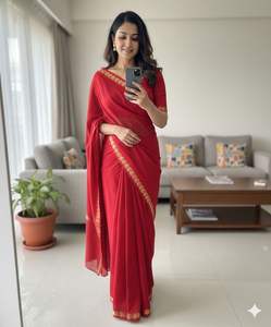 ผ้าซารีอินเดียสำเร็จรูปสำหรับผู้หญิง ผ้าวิสโคสเครปจอร์เจียต์ ผ้าไหม สำหรับงานแต่งงานหรืองานเลี้ยง  แบบหนา  ไม่มีลายพิมพ์  ยี่ห้อซายูร์ยา  สินค้าขายดี - Product Image 3
