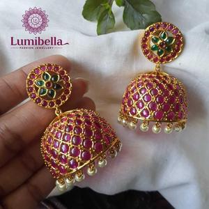 Ruby Bridal Gold Plated Brass Alloy Drop Earrings with Flower and Star Design for Wedding and Engagement - Product Image 3