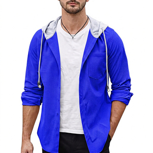 Men Hooded Woven Cotton Casual <b>Cardigan</b> Solid Color Breathable Regular Fit Summer Outerwear - Product Image 5
