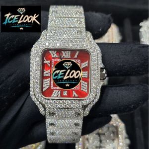 Reloj de Lujo para Hombre ICELOOK, Cuadrado, con Diamantes, Acero Inoxidable, Esfera Roja, Movimiento de Cuarzo Analógico, 38 mm, Cierre Plegable - Product Image 1