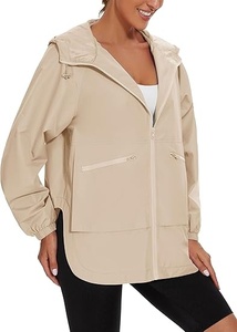 Veste coupe-vent à capuche pour femme, manches longues, fermeture éclair, imperméable, décontractée, couleur unie beige, longueur normale - Product Image 2