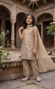 Kids Beige <b>Pakistani</b> Modern Salwar Kameez Girls <b>Eid</b> Party Wedding Wear Floral Embroidered 3Pc Designer Suit with Dupatta - Product Image 2