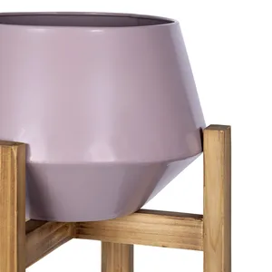 Modern Purple Metal <b>Vase</b> with Wooden Stand 9.25 Inch <b>Square</b> Tabletop Planter for Indoor Decor - Product Image 3