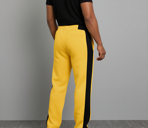 Pantalon de survêtement vintage jaune en lin/coton pour homme avec bande latérale noire, cordon de serrage, logo imprimé numériquement, taille et jambes effet délavé à l'acide - Product Image 3