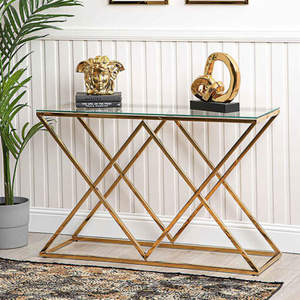 Table console Horizon Geometric X-Frame – Table de couloir en métal doré avec plateau en verre trempé transparent - Product Image 1