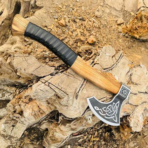 Scandinavian Industrial Grade Viking Axe Heritage Inspired Engravings Carbon Steel Blade Leather Grip <b>Wrap</b> Natural <b>Wood</b> Finish - Product Image 2
