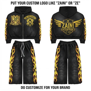 Conjunto Deportivo de Felpa de Algodón Premium de 320 GSM, Negro con Paneles Estampados en Dorado, Sudadera con Cremallera y Logotipo Personalizado, Pantalones Anchos - Product Image 1