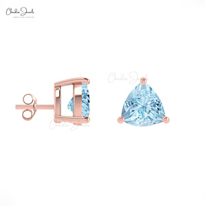 <b>Top</b> Selling Trillion Cut Aquamarine Gemstone Studs Designed in 14K Real Rose Gold Push Back Stud <b>Earrings</b> Available in Wholesale - Product Image 4