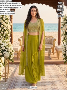 Sari en soie vert menthe élégant avec chemisier brodé, longueur ras du sol, tenue de mariage pour femmes, style Inde Pakistan, toutes saisons - Product Image 5