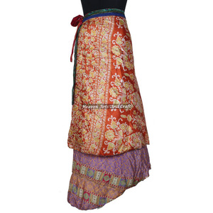 Women <b>Beach</b> Wear Indian Silk Sari Fabric <b>Wrap</b> Around Skirt Women Wear Vintage Silk Sari Long Length <b>Wrap</b> Around Skirt 2 Layer - Product Image 5