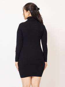 <b>Women</b> Vintage <b>Wool</b> Mini Ribbed Knit Breathable Thin Bodycon <b>Dress</b> | Full Sleeve High Neck Button Detail | Stretchable Winter - Product Image 5