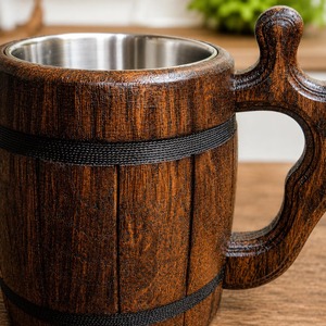 Mug à bière fait main, mug à café, tasse en bois et acier inoxydable, écologique, naturel, litres, onces, baril, marron - Product Image 5