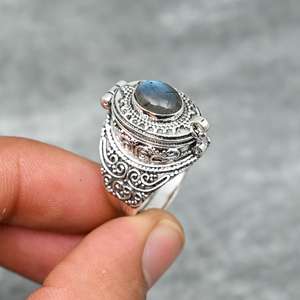 Labradorite Gemstone Pill Box Adjustable Ring Handmade 925 Sterling Silver Secret Message Jewelry - Product Image 3
