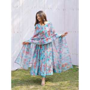 Magnifique robe Anarkali pour les fêtes, imprimé floral, coupe A-line, taille empire, taille XS, en mousseline, avec pantalon et dupatta - Product Image 1